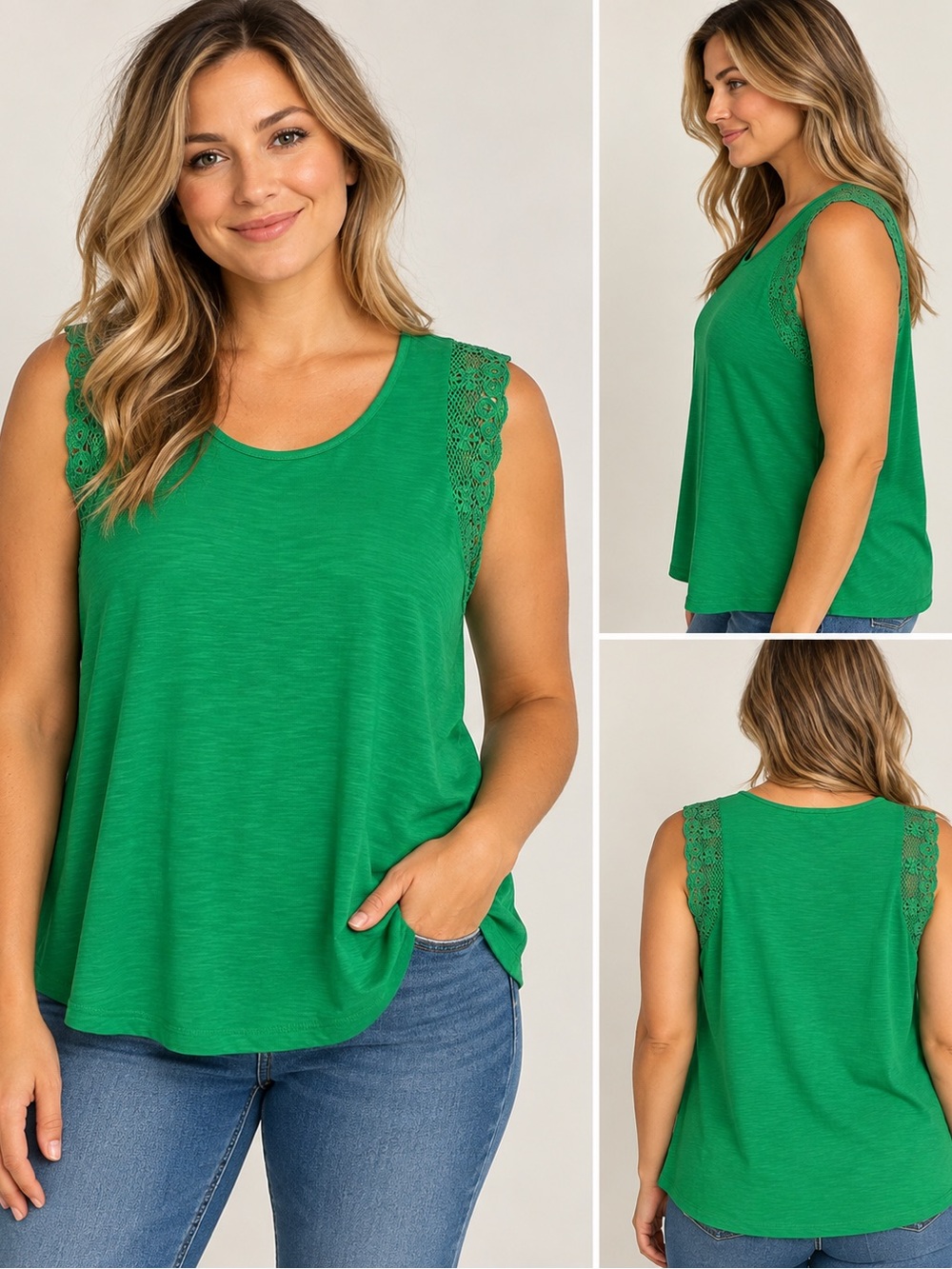 Lauren Ralph Lauren Green Lace Shoulder Tank Top XL Cotton Modal